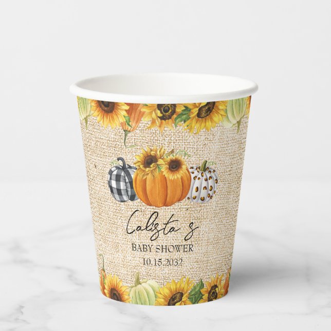 Autumn Pumpkin Sunflower Burlap Baby Shower Paper Cups (Front)