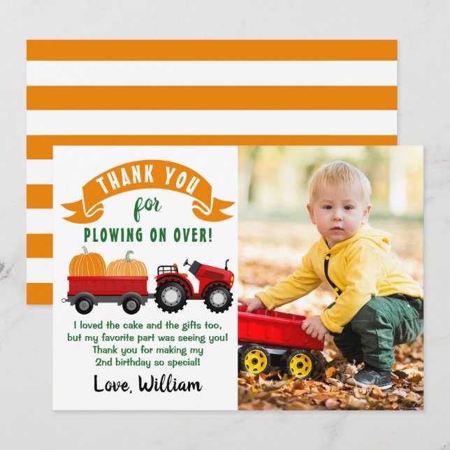 Autumn Pumpkin Tractor Farm Birthday Photo Thank You Card (Front/Back)