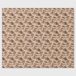 Autumn Pumpkin Vintage Books Leaves Cottagecore Wrapping Paper