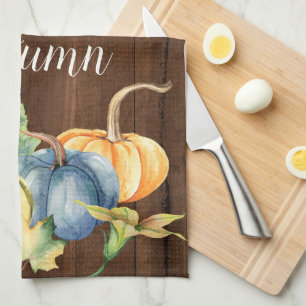 Autumn Pumpkin Watercolor Dark Wood Tea Towel