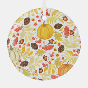 Autumn pumpkins, acorns, vintage background. glass tree decoration