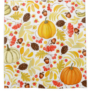 Autumn pumpkins, acorns, vintage background. shower curtain
