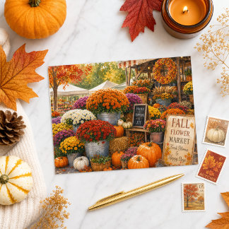 Autumn Pumpkins and Chrysanthemums Farmers Market  Postcard