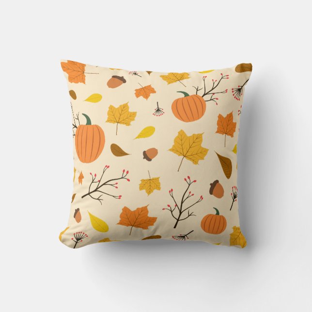 Autumn Pumpkins and Falling Leaves Pattern Cushion (Front)