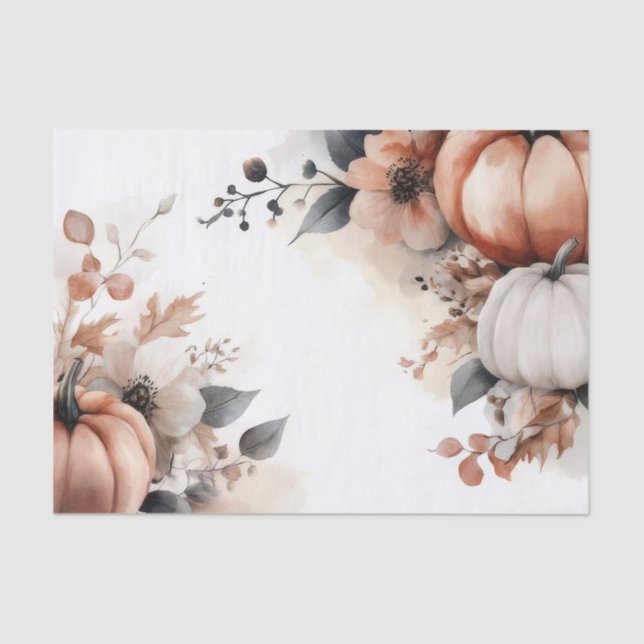 Autumn Pumpkins and Flowers Fall Pattern Decoupage Tissue Paper (Front)