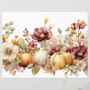 Autumn Pumpkins and Flowers Fall Scapbook Paper