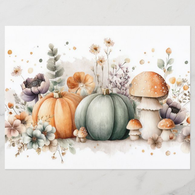 Autumn Pumpkins and Flowers Fall Scapbook Paper (Front)