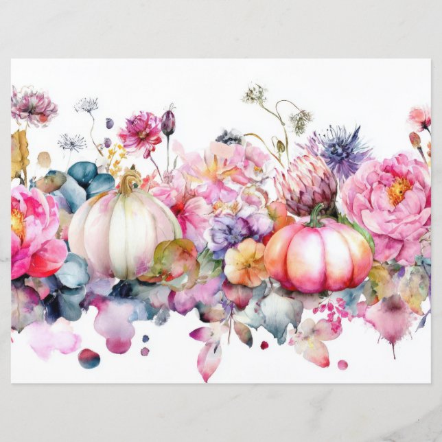 Autumn Pumpkins and Flowers Fall Scapbook Paper (Front)