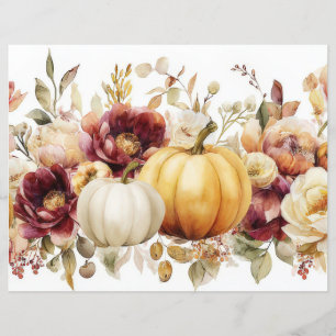 Autumn Pumpkins and Flowers Fall Scapbook Paper