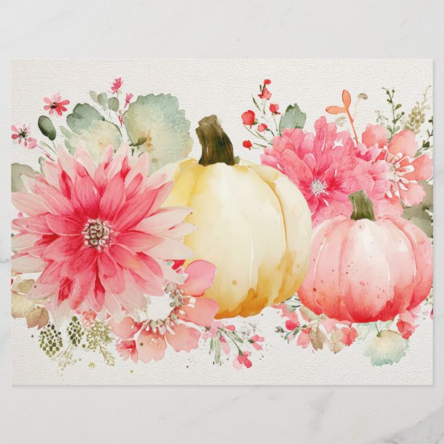 Autumn Pumpkins and Flowers Fall Scapbook Paper (Front)