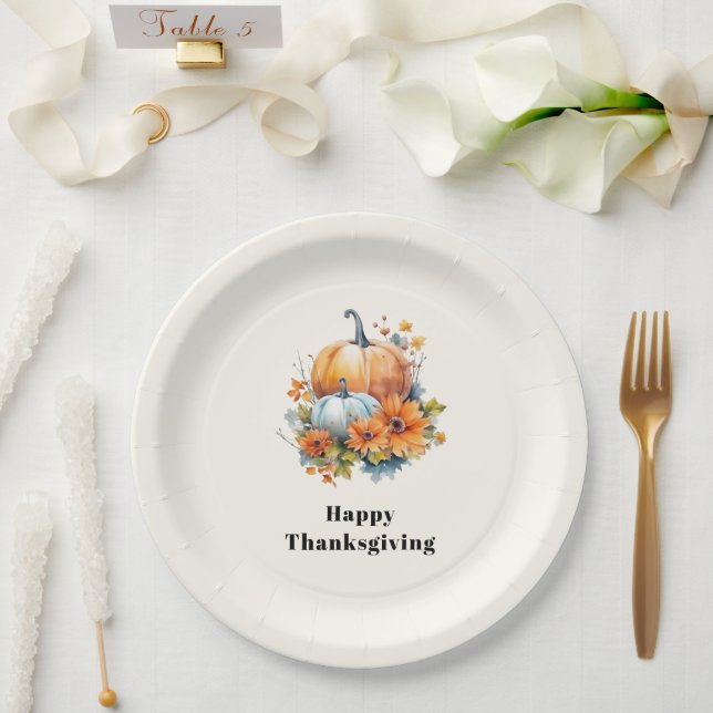 Autumn Pumpkins and Flowers Thanksgiving Paper Plate (Wedding)
