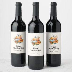 Autumn Pumpkins and Flowers Thanksgiving Wine Label