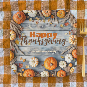Autumn Pumpkins and Leaves on Wood Thanksgiving Paper Plate