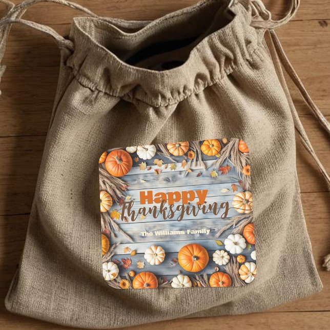 Autumn Pumpkins and Leaves on Wood Thanksgiving Square Sticker (Creator Uploaded)