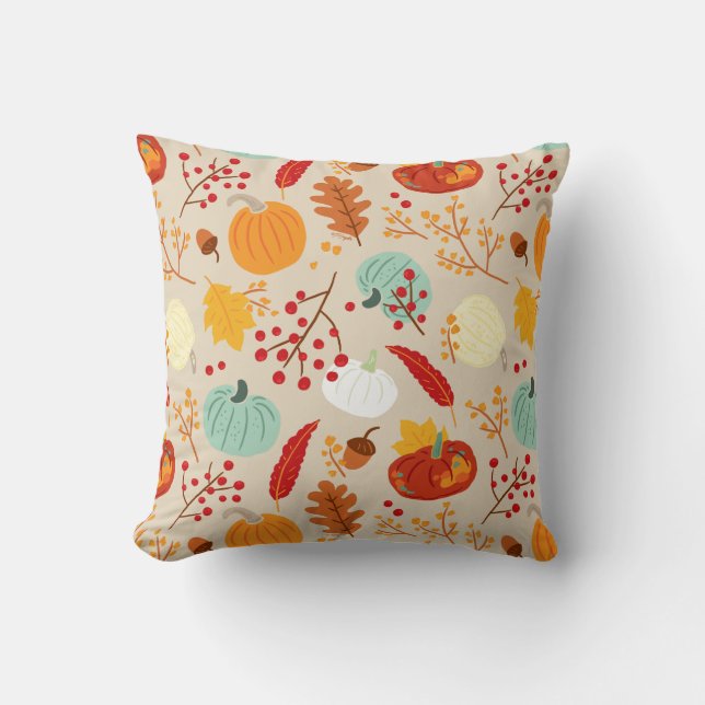 Autumn Pumpkins and Leaves Pattern Cushion (Front)