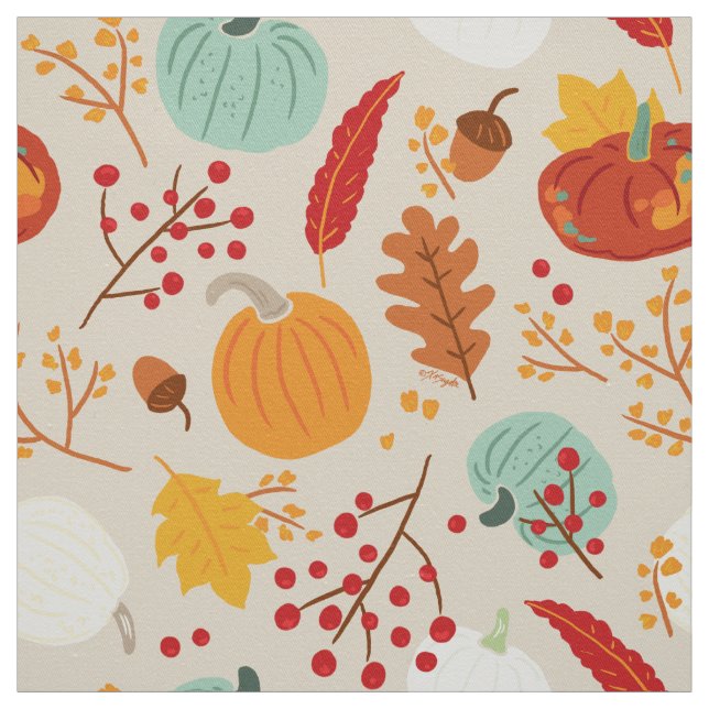 Autumn Pumpkins and Leaves Pattern Fabric (Swatch)