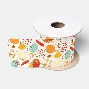 Autumn Pumpkins and Leaves Pattern Satin Ribbon