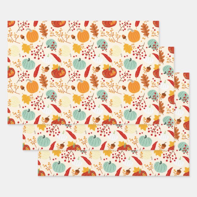 Autumn Pumpkins and Leaves Pattern Wrapping Paper Sheet (Set)