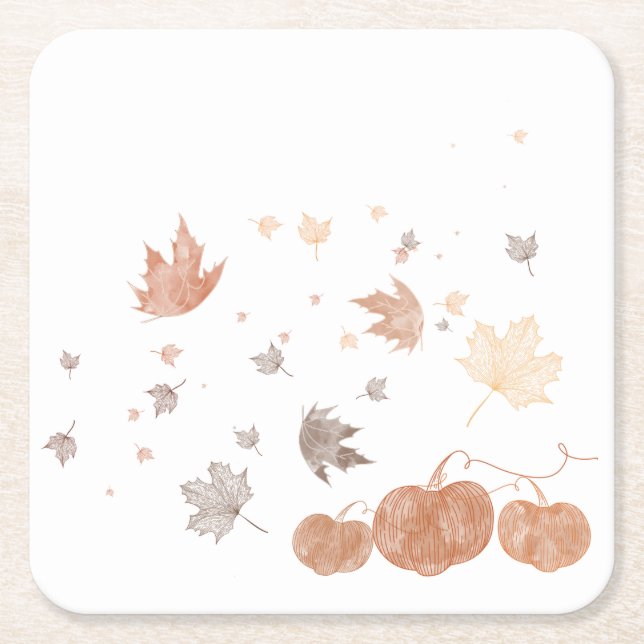 Autumn Pumpkins and Leaves Square Paper Coaster (Front)