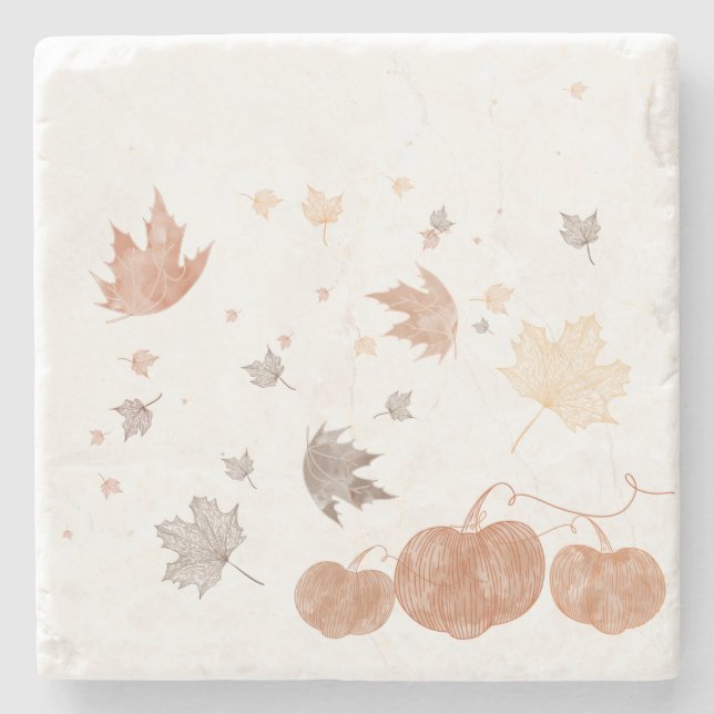 Autumn Pumpkins and Leaves Stone Coaster (Front)