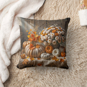 Autumn Pumpkins and Mums In a Barn Cushion