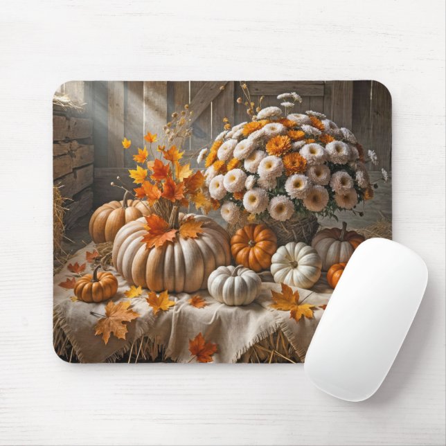Autumn Pumpkins and Mums On Hay Bale Mouse Mat (With Mouse)