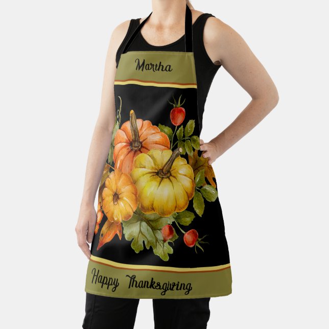 Autumn pumpkins and oak leaves personalised apron (Insitu)