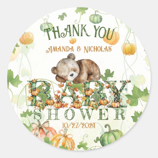 Autumn Pumpkins & Bear Baby Shower Thank You Classic Round Sticker (Front)