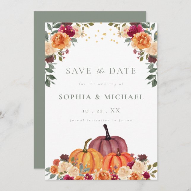 Autumn Pumpkins Fall Florals Save the Date (Front/Back)
