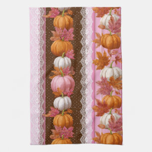 Autumn Pumpkins & Floral Lace Seamless Pattern (2) Tea Towel