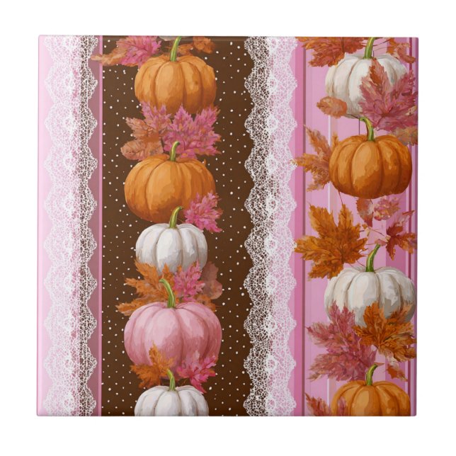 Autumn Pumpkins & Floral Lace Seamless Pattern (2) Tile (Front)