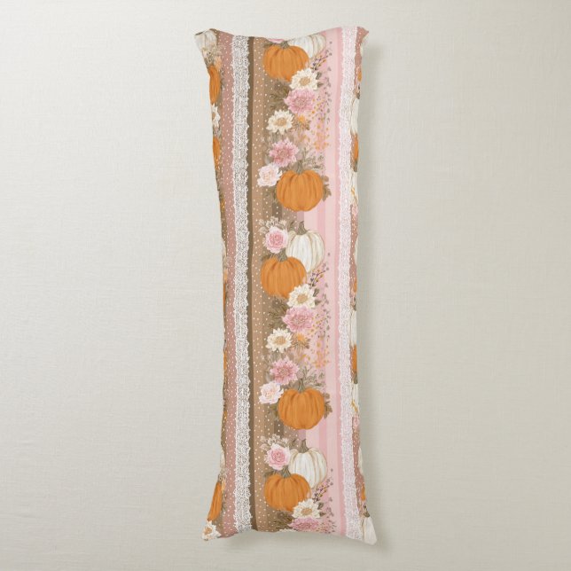 Autumn Pumpkins & Floral Lace Seamless Pattern Body Cushion (Front Vertical)