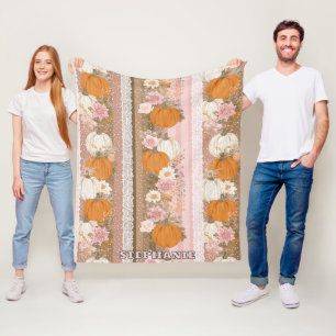 Autumn Pumpkins & Floral Lace Seamless Pattern Fleece Blanket