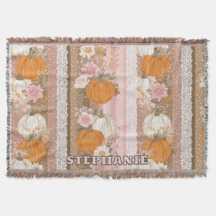 Autumn Pumpkins & Floral Lace Seamless Pattern Throw Blanket
