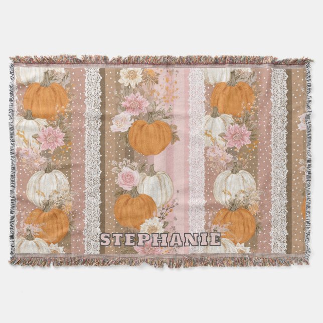 Autumn Pumpkins & Floral Lace Seamless Pattern Throw Blanket (Front)