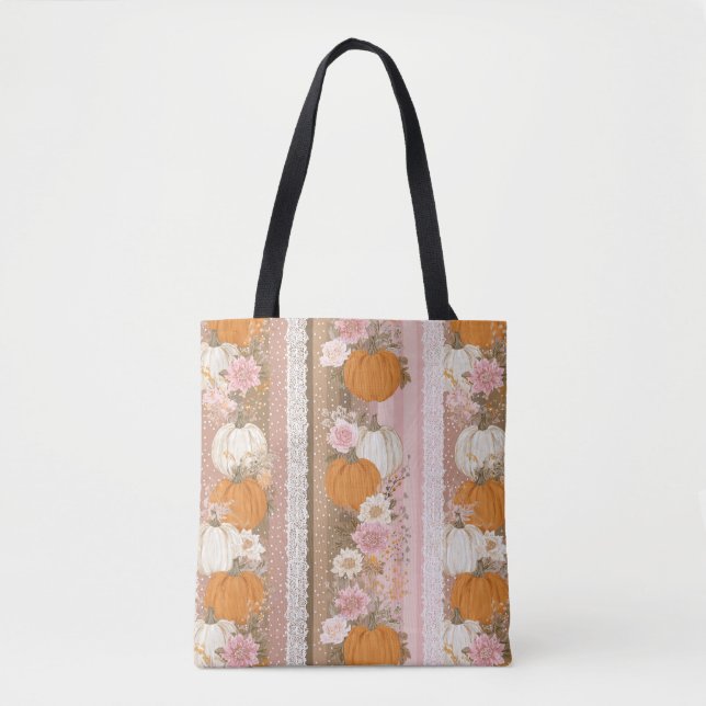 Autumn Pumpkins & Floral Lace Seamless Pattern Tote Bag (Front)