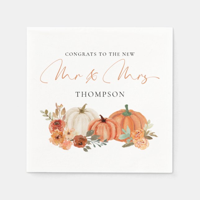 Autumn Pumpkins Florals Congrats Mr Mrs Wedding Napkin (Front)