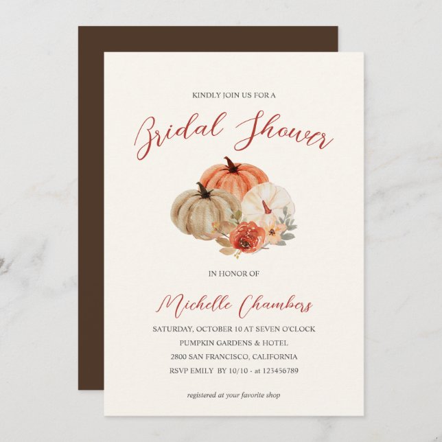 Autumn Pumpkins  Flowers Elegant Bridal Shower Invitation (Front/Back)