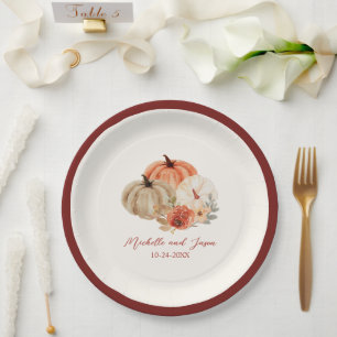 Autumn Pumpkins Flowers Elegant Falling in love Paper Plate