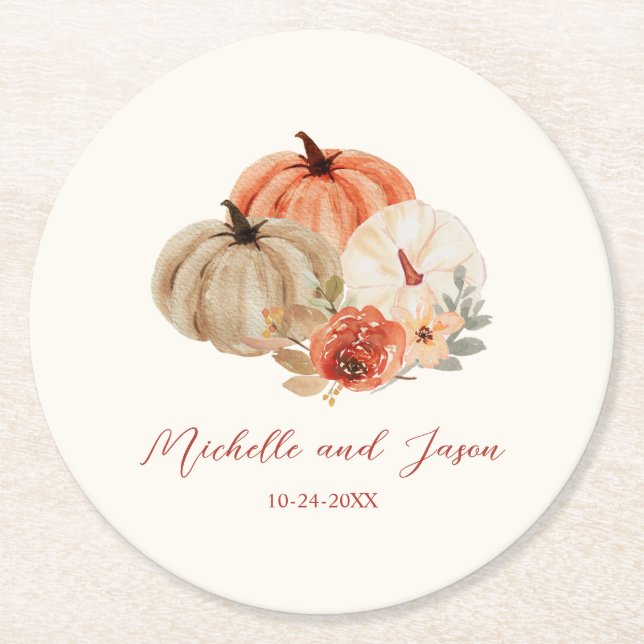 Autumn Pumpkins Flowers Elegant Falling in love  Round Paper Coaster (Front)