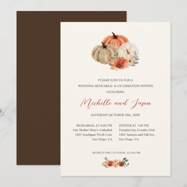 Autumn Pumpkins  Flowers Elegant REHEARSAL Invitation (Front/Back)