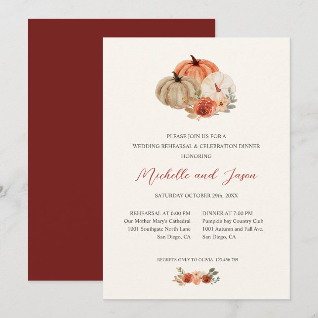 Autumn Pumpkins  Flowers Elegant REHEARSAL Invitation (Front/Back)