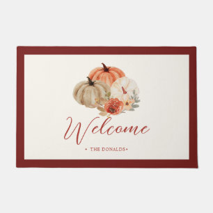 Autumn Pumpkins Flowers  WELCOME FAMILY NAME Doormat