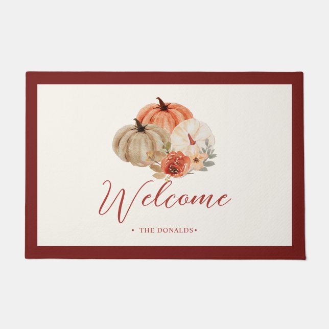 Autumn Pumpkins Flowers  WELCOME FAMILY NAME Doormat (Front)