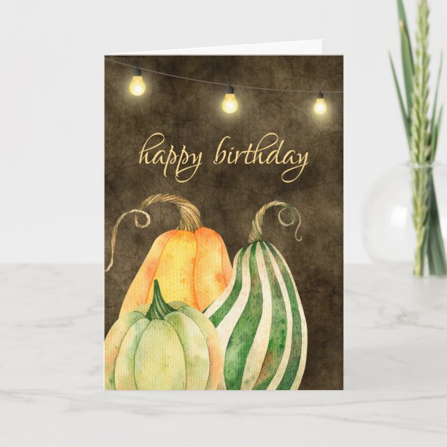 Autumn Pumpkins, Gourds and Lights Fall Birthday Card (Front)