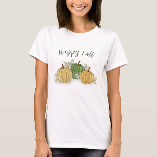 Autumn Pumpkins Happy Fall Watercolor T-Shirt (Front)