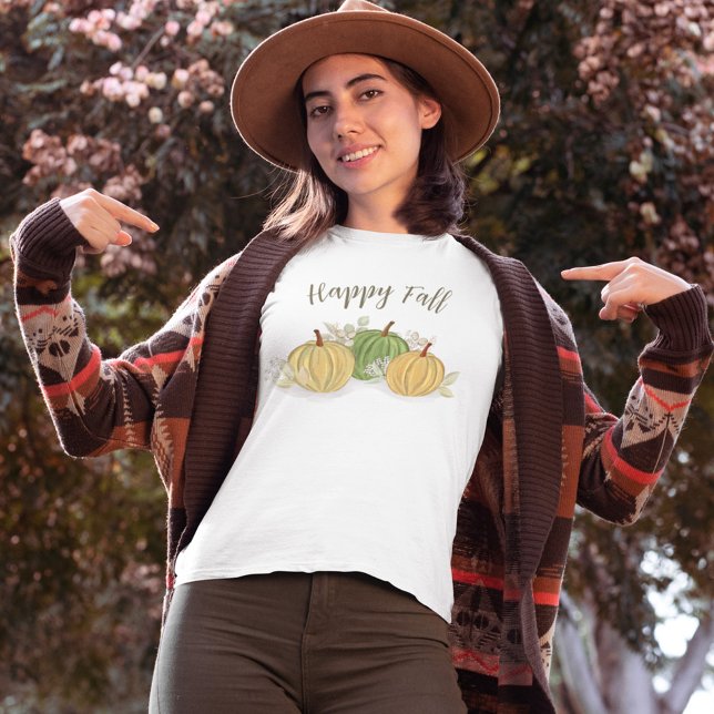 Autumn Pumpkins Happy Fall Watercolor T-Shirt (Happy Fall Pumpkin Gourds Womens T Shirt.)