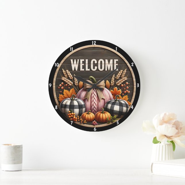 Autumn Pumpkins Harvest Rustic Wooden Background Large Clock (Home)