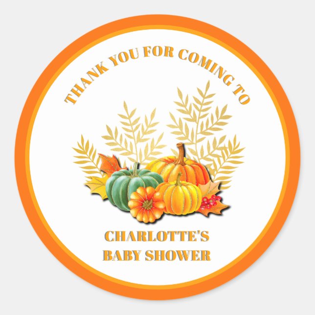 Autumn Pumpkins, Leaves, Baby Shower Thank You  Classic Round Sticker (Front)