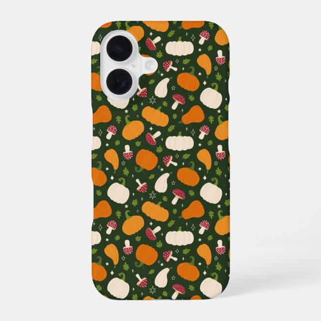Autumn Pumpkins & Mushrooms Seamless Pattern Phone iPhone 16 Case (Back)